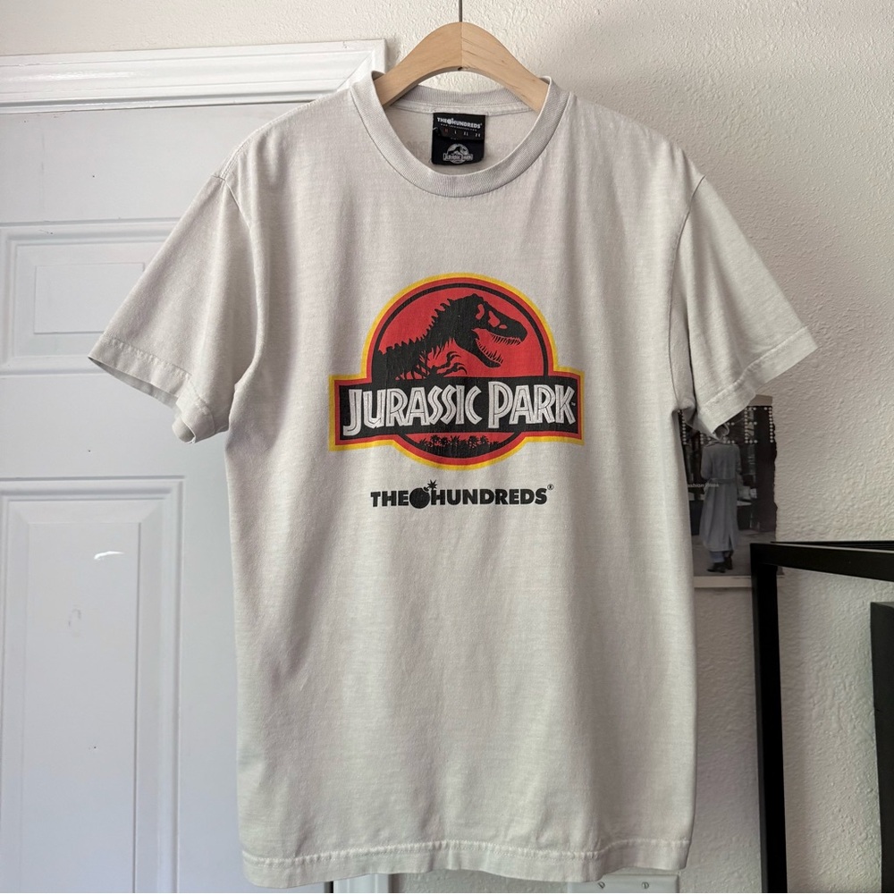 The Hundreds x Jurassic Park off white grey taupe beige knit logo graphic tee